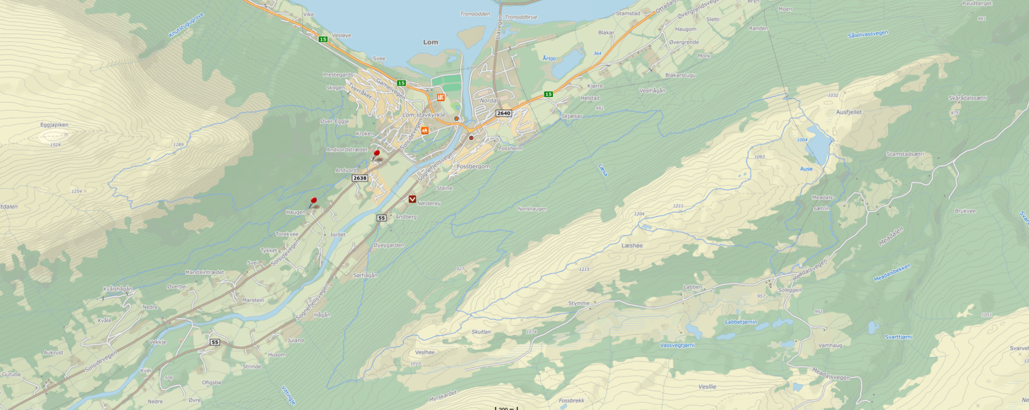 Map showing Lom, Andvord and Haugen in Norway