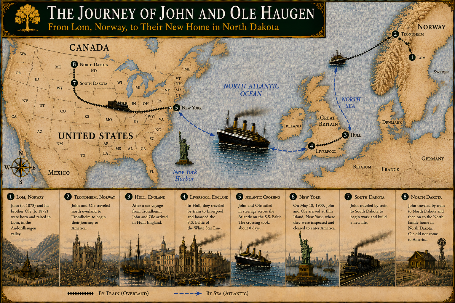 Illustrated map of John and Ole Haugen’s journey from Lom, Norway, through Trondheim, Hull and Liverpool, across the Atlantic to New York, South Dakota and North Dakota